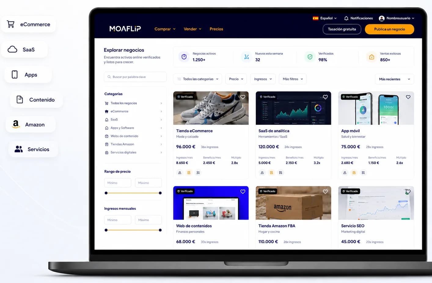 Interfaz del marketplace de Moaflip con negocios online en venta