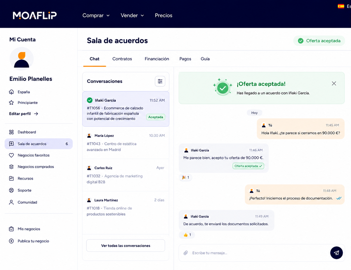 Moaflip deal room for managing a digital business acquisition