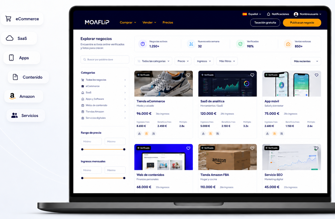 Moaflip marketplace interface showing online businesses for sale